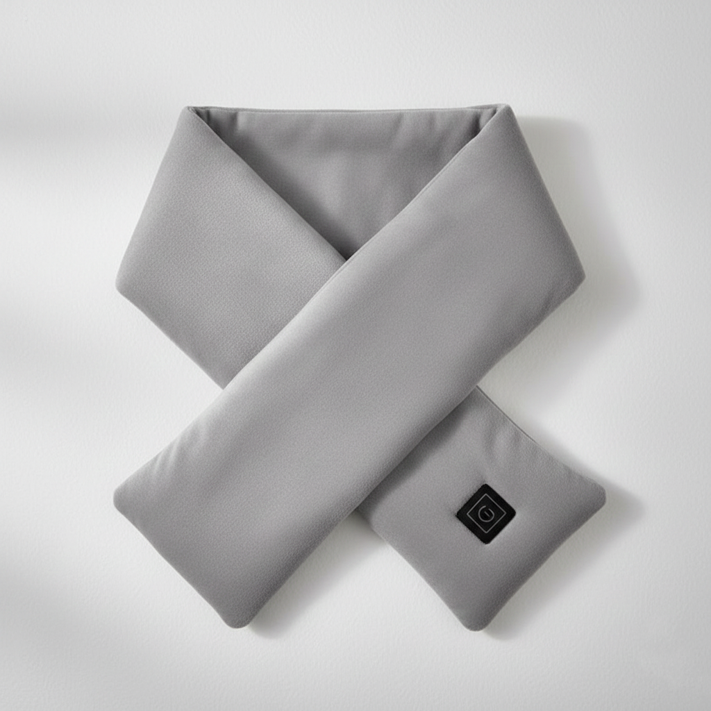 Gray neck pillow with a brand logo on a light gray background