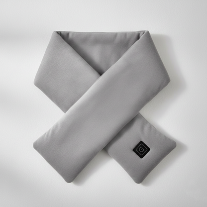 Gray neck pillow with a brand logo on a light gray background