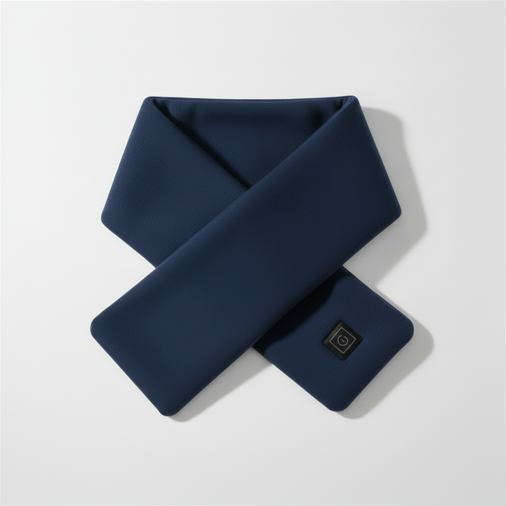 Navy blue neck warmer with a brand logo on a light gray background