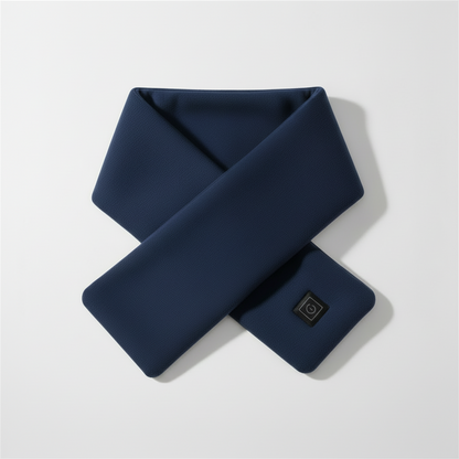 Navy blue neck warmer with a brand logo on a light gray background