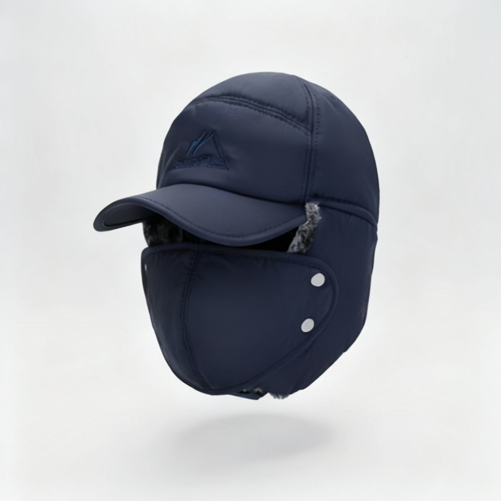 Navy blue winter cap with ear flaps on a light gray background
