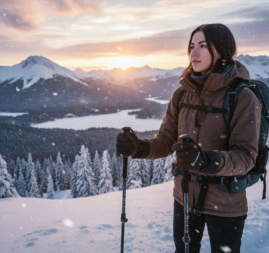 Person in winter clothing with backpack and ski poles, standing on a snowy landscape with mountains and sunset.