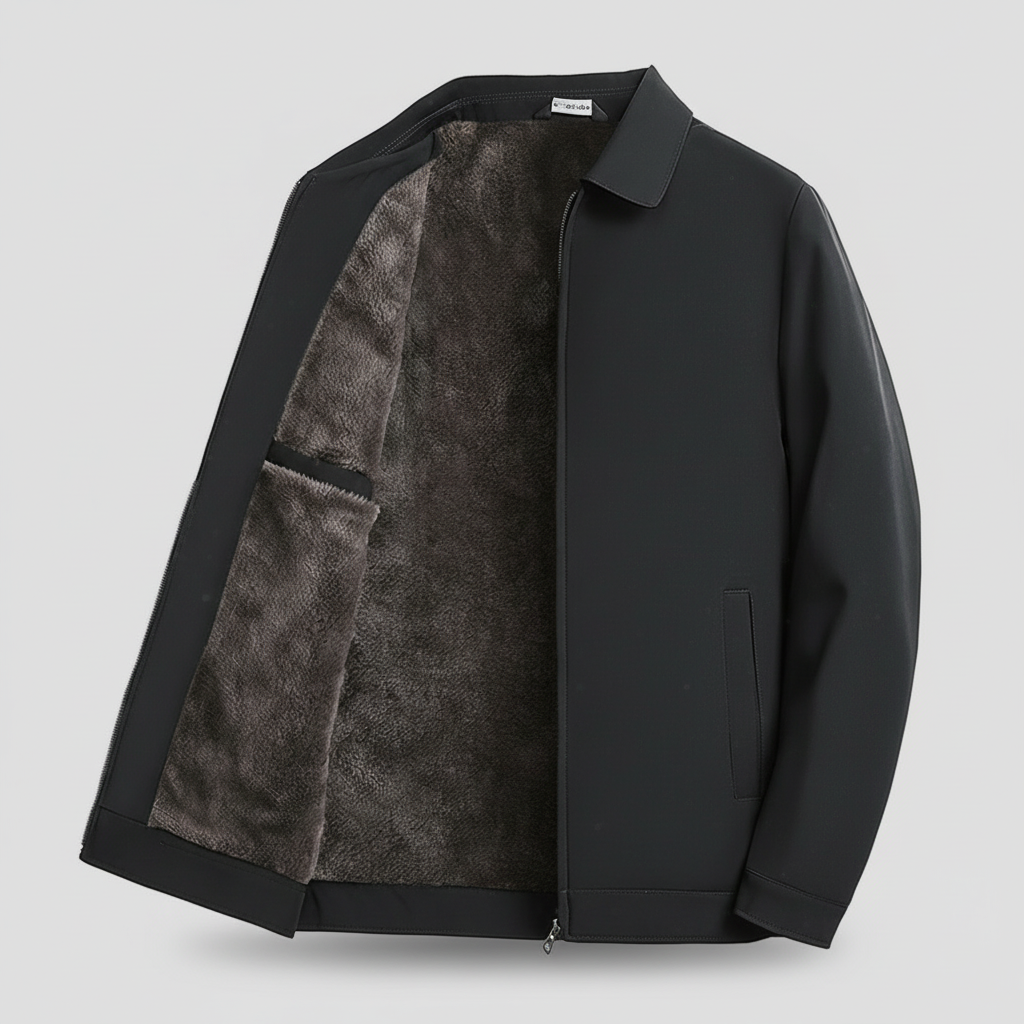Black jacket with textured lining on a light gray background