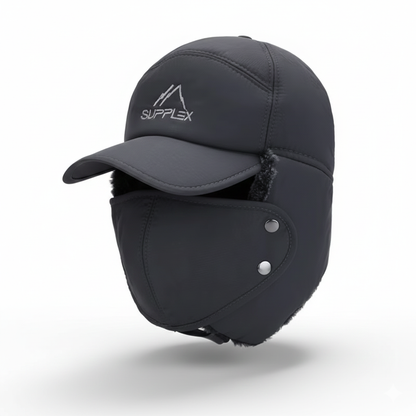 Black winter cap with ear flaps and Supplex logo on a white background