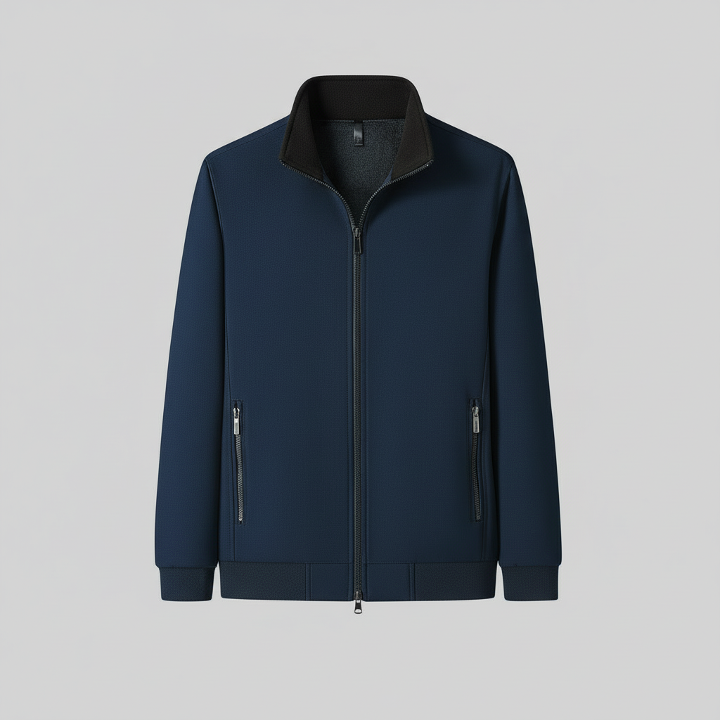 Navy blue jacket against a snowy mountain background