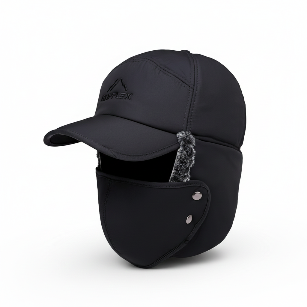 Black winter cap with ear flaps and a brand logo on a white background