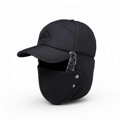 Black winter cap with ear flaps and a brand logo on a white background