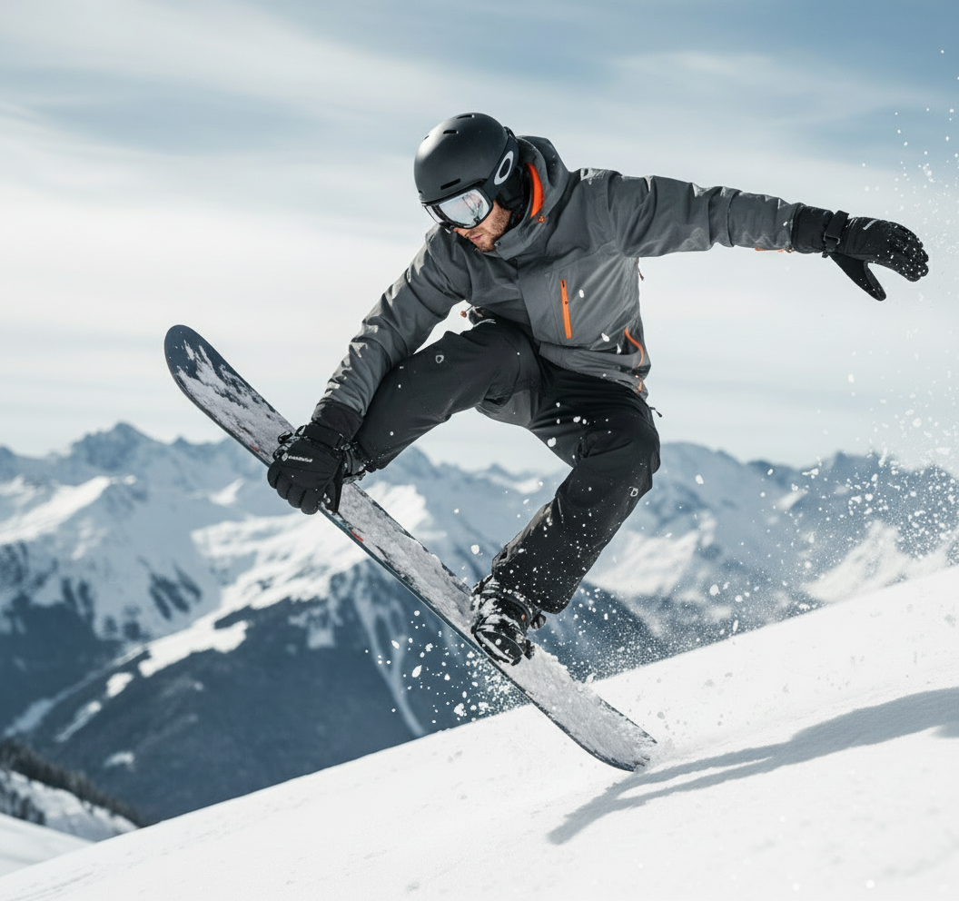 Person snowboarding in the mountains with a helmet and goggles on