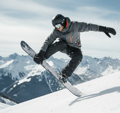 Person snowboarding in the mountains with a helmet and goggles on