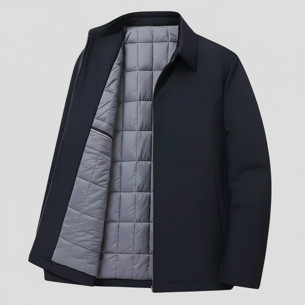 Black coat with quilted gray lining against a snowy forest background