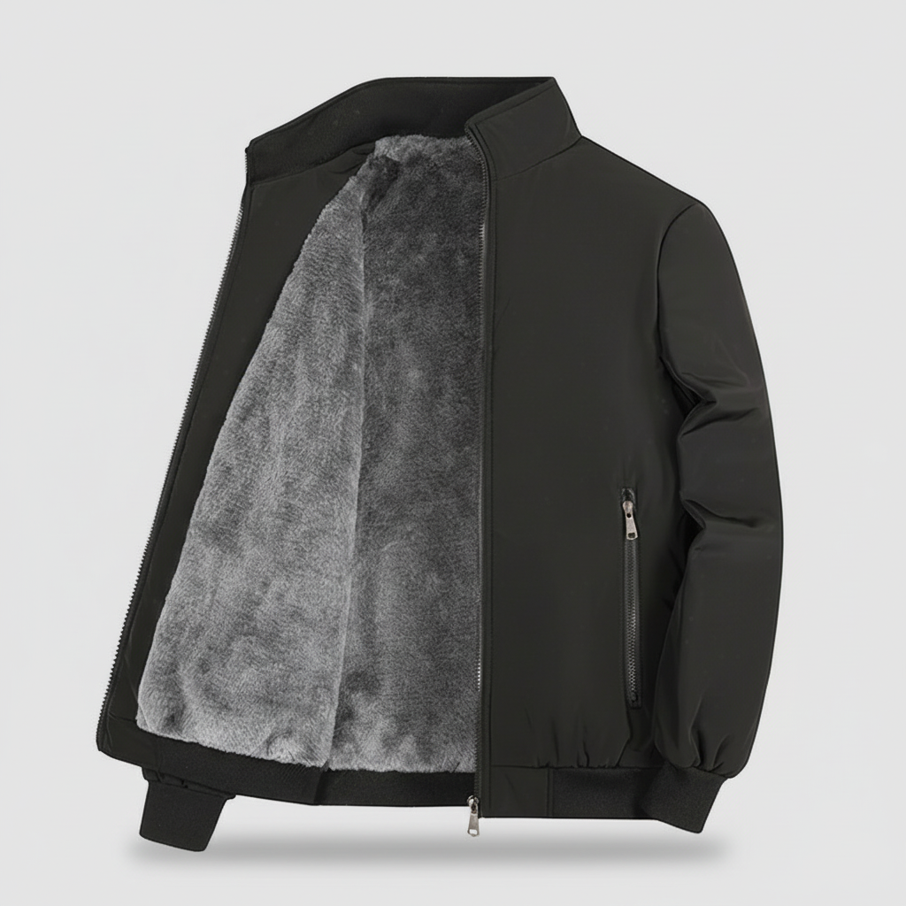 Black jacket with gray fleece lining on a light gray background