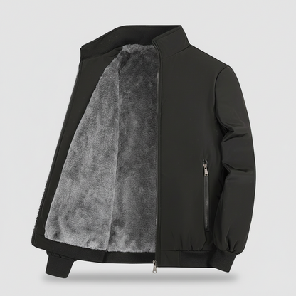 Black jacket with gray fleece lining on a light gray background