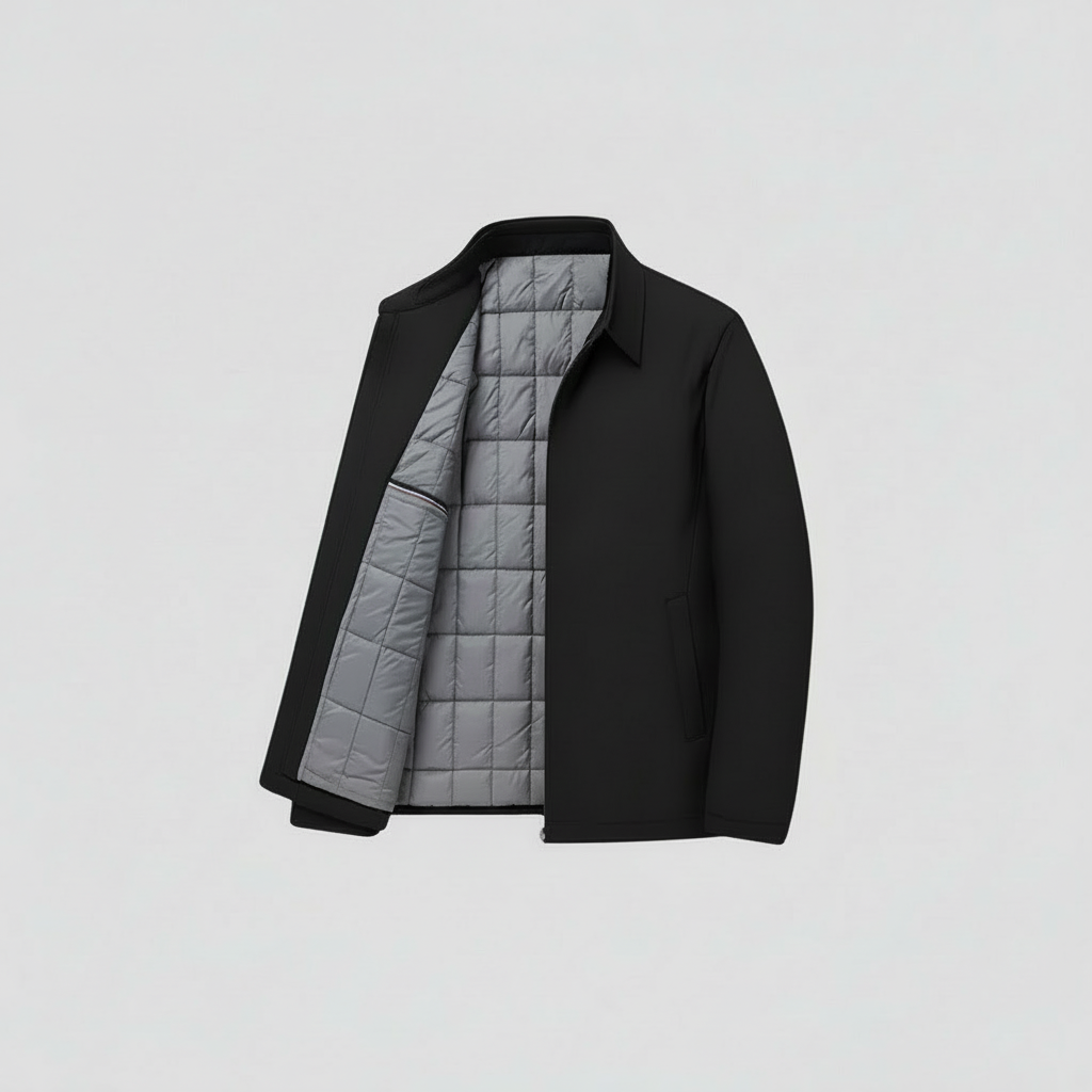 Black jacket with gray quilted lining on a light gray background