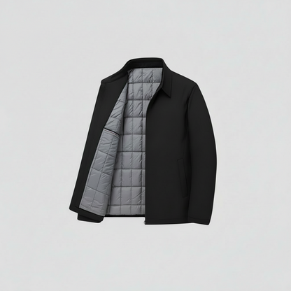 Black jacket with gray quilted lining on a light gray background