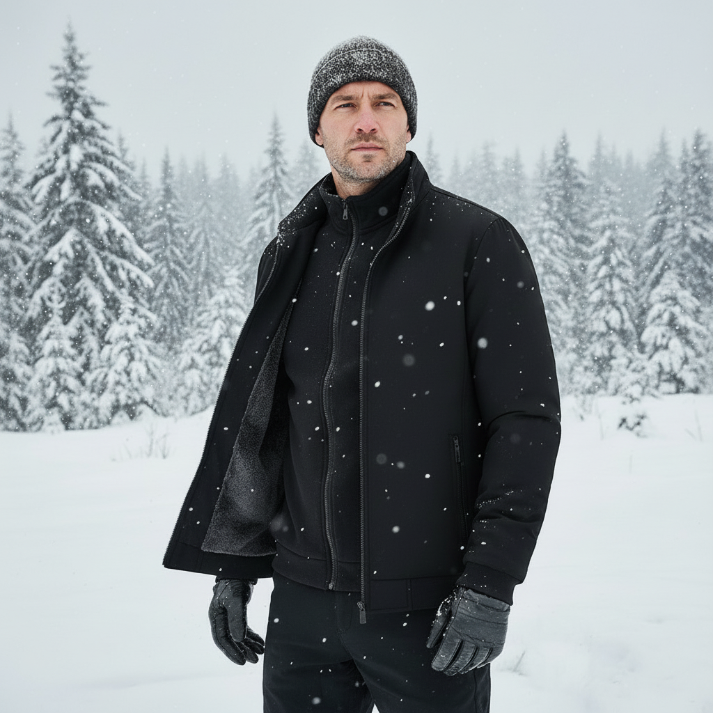 Man wearing a black coat and hat in a snowy forest