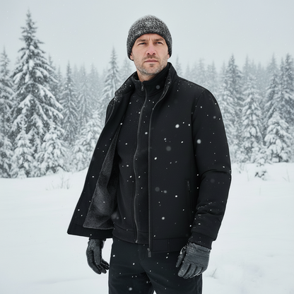 Man wearing a black coat and hat in a snowy forest