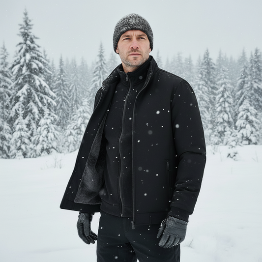 Man wearing a black coat and hat in a snowy forest