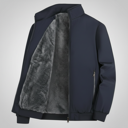 Black jacket with gray fleece lining on a snowy background