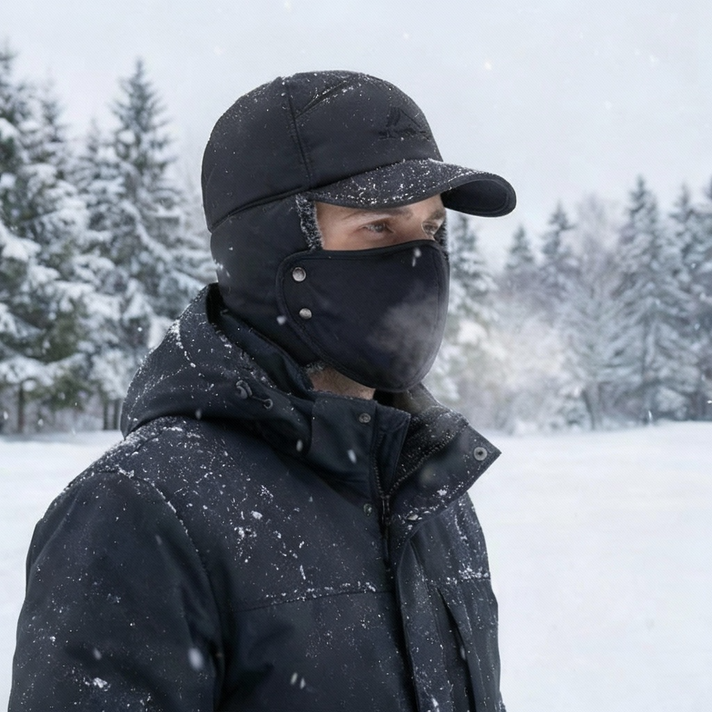 Person wearing a black winter coat, hat, and balaclava in a snowy landscape.