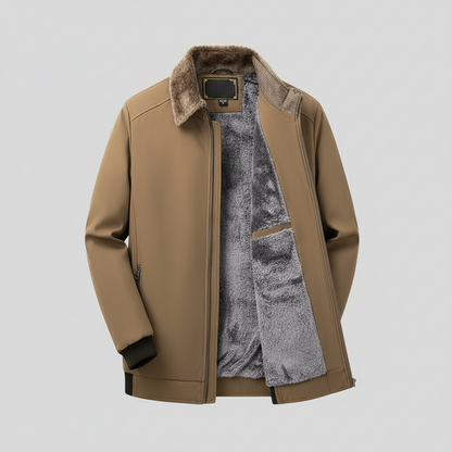 Brown jacket with gray fur lining against a snowy background