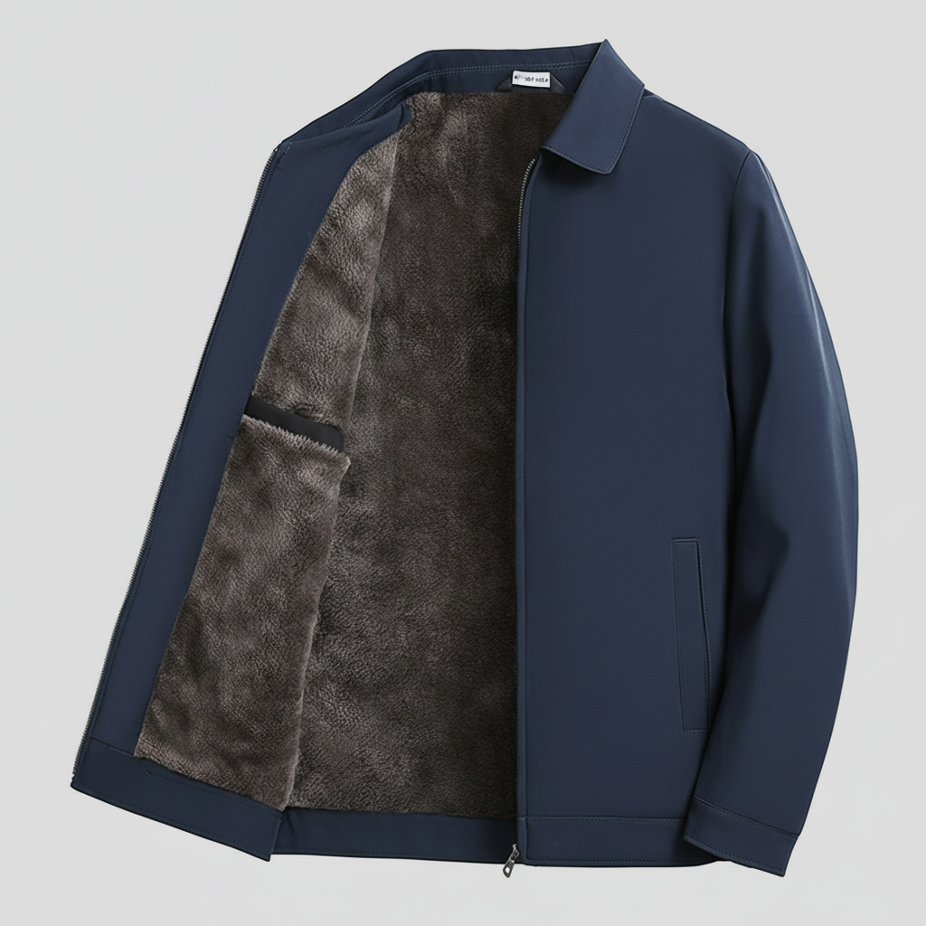 Navy blue jacket with gray interior lining on a light gray background
