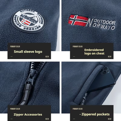 Collage of a blue jacket with logos and features labeled.
