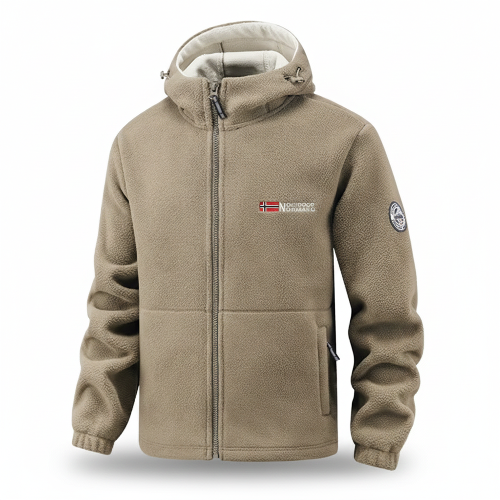 Beige fleece jacket with a brand logo on a white background