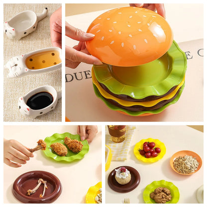 Elevate Your Dining Experience with Our Fun 5-Piece and 7-Piece Hamburger and Dipping Sauce Dish Set - Perfect for Family Meals and Gatherings!