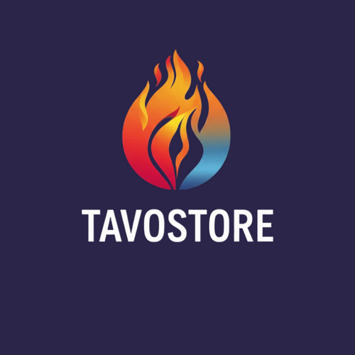 Tavostore logo with colorful flames on a dark blue background