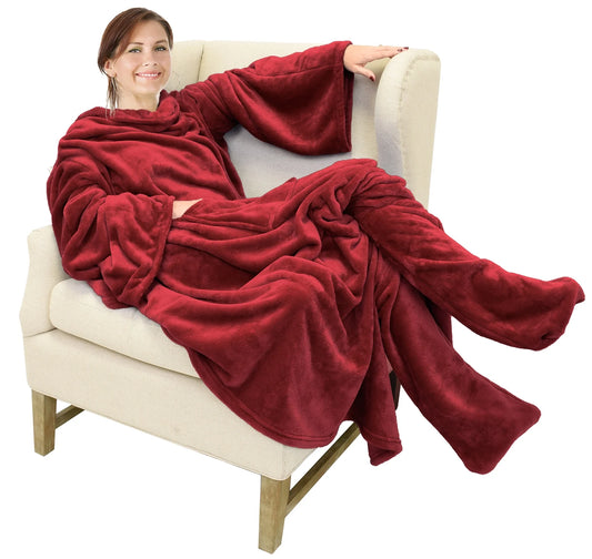 Wearable TV Blanket with Sleeves Arms & Feet Pockets for Adult Micro Plush Fleece Large Wrap Throw Robe 73" X 53"