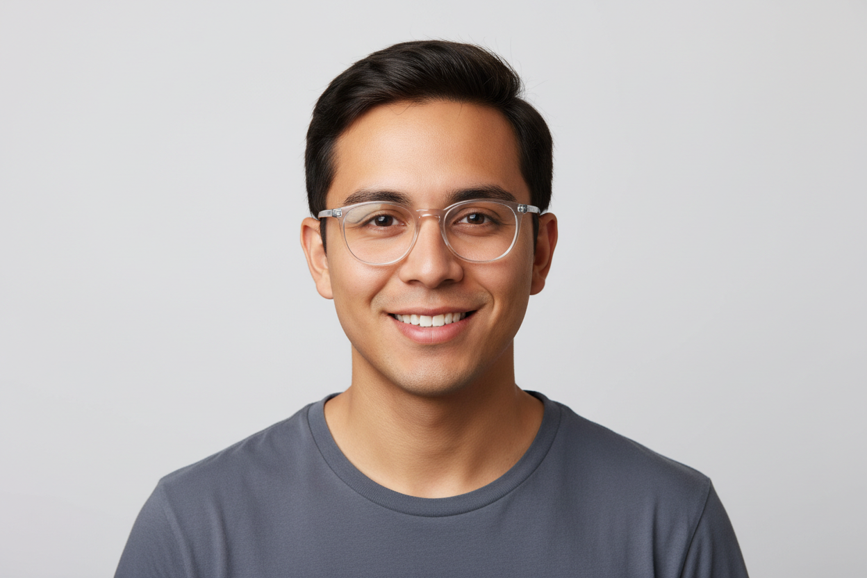 Chico moreno con lente informal sonriendo para su ID